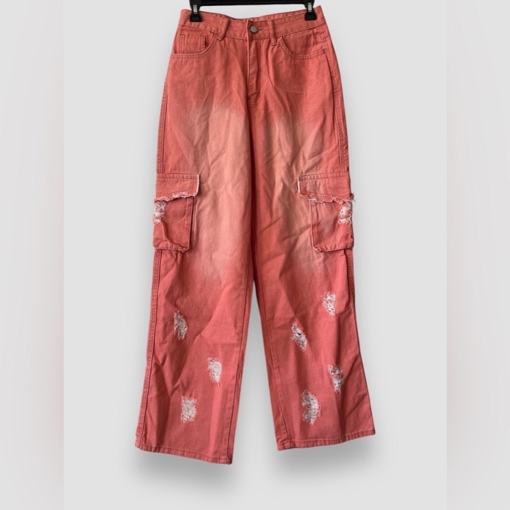 Pink Coral Ombré Wide Leg Cargo Denim Pants Cotton Y2K Streetwear Sz Small